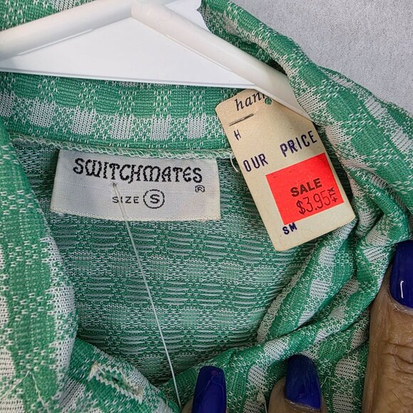 1970s Switchmates Small Gingham Pointy Collar Green Polo Shirt Deadstock Retro - Picture 4 of 9